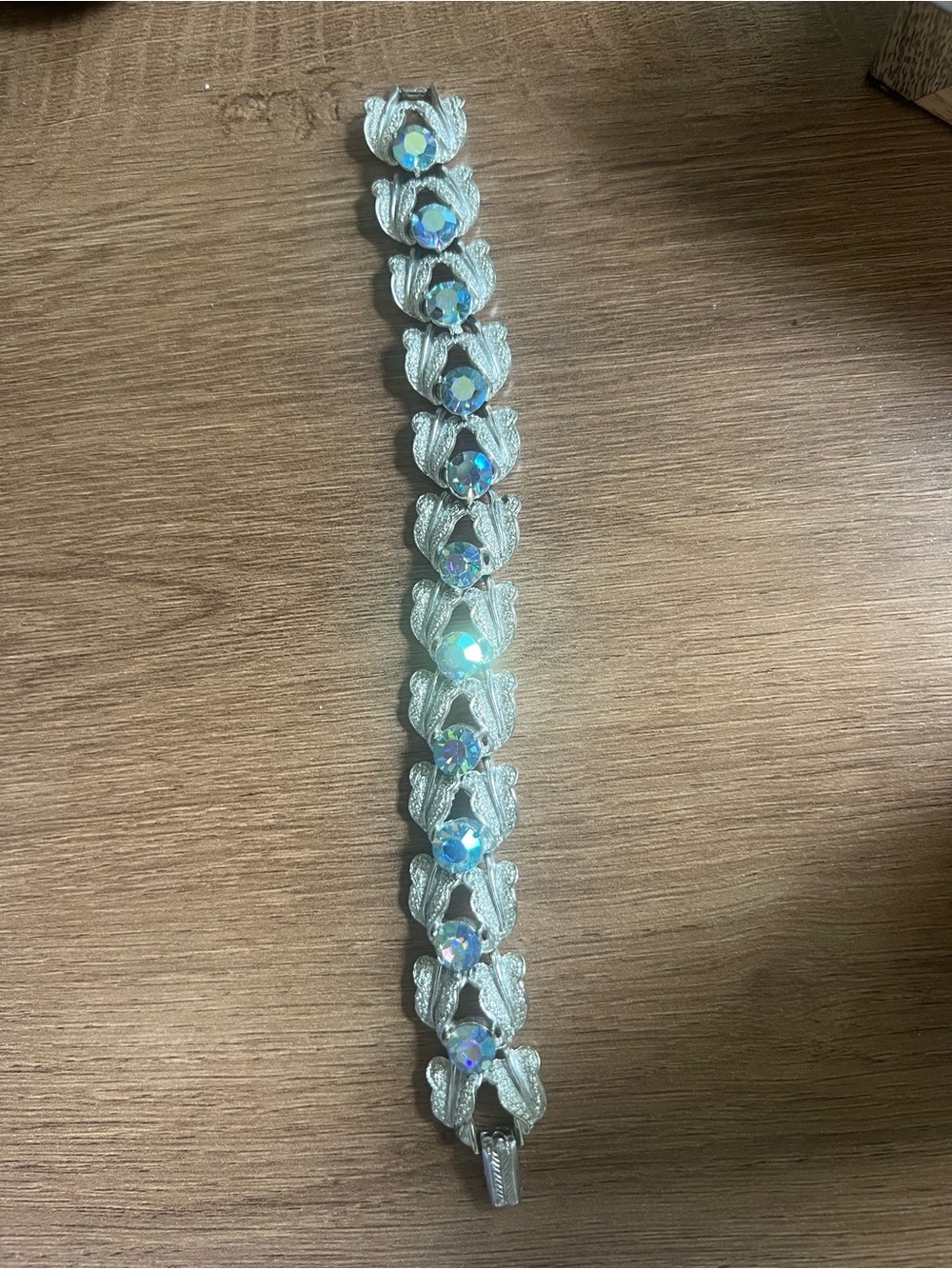 Vintage Silver Link Bracelet with Iridescent Crystals